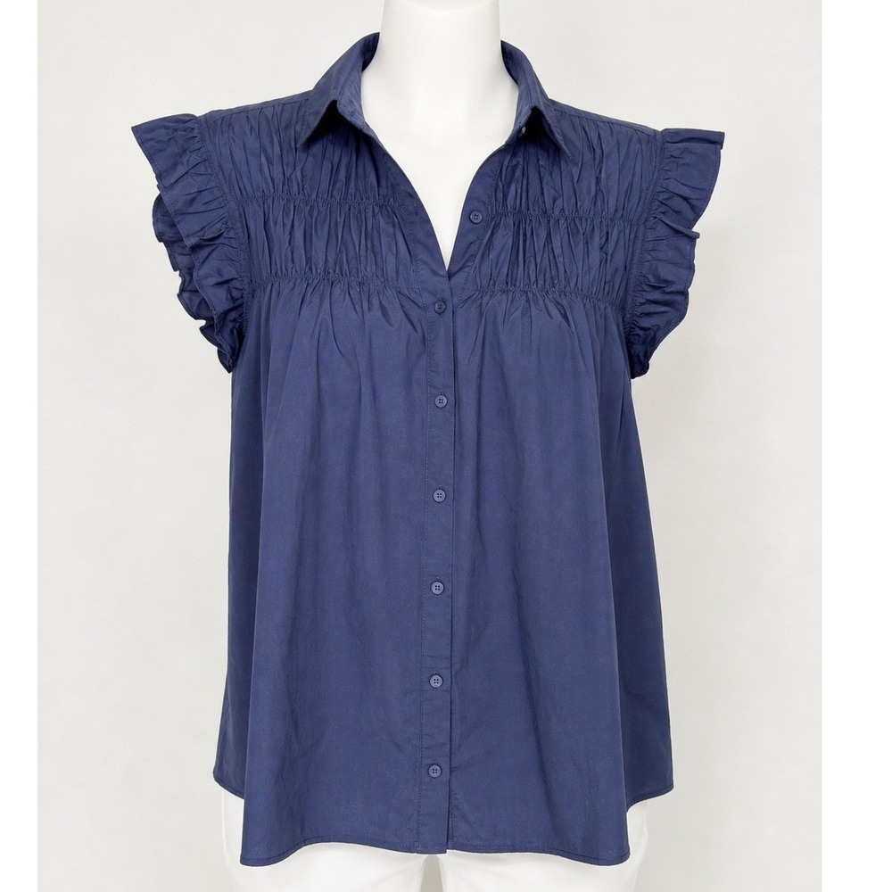 Avara Womens Dress Navy Blue Smocked Ruffle Sleeve Button Front Mini Medium